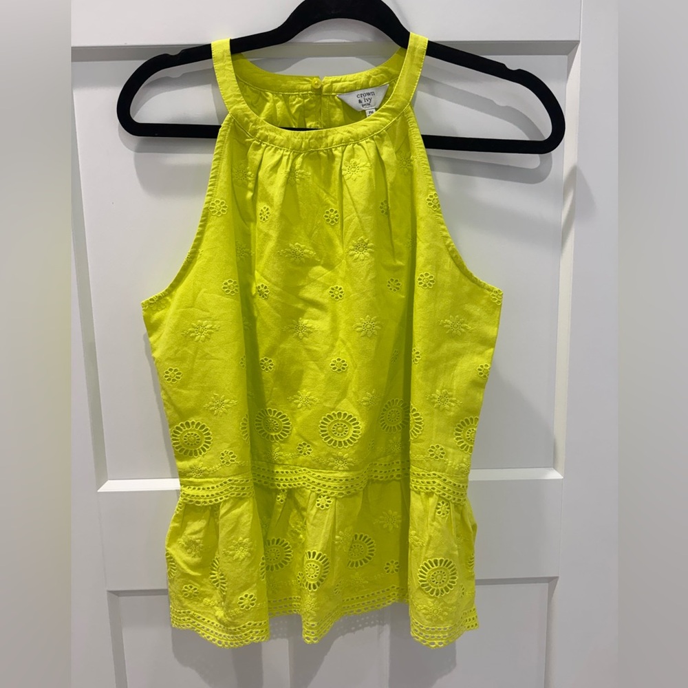 Crown & Ivy |Petite Neon Yellow Eyelet Peplum Tank | PM - Picture 2 of 6